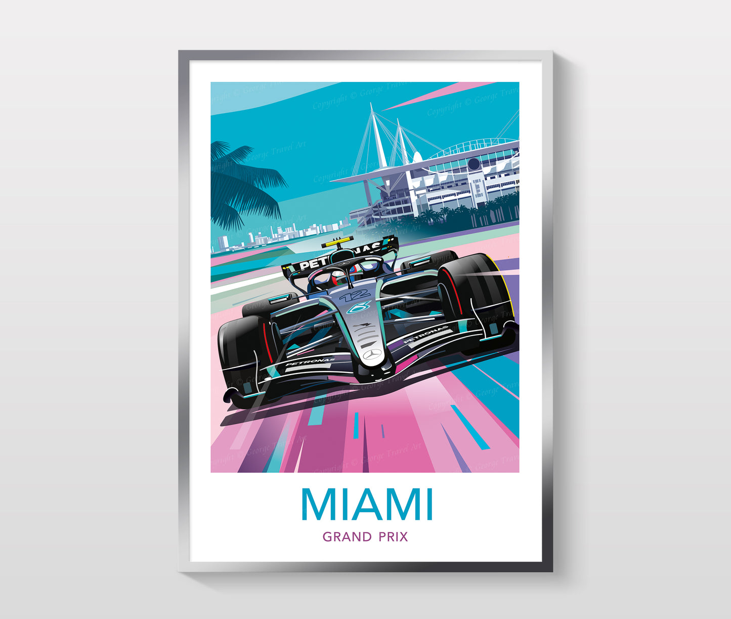 Framed poster of a Formula 1 car on a racetrack with 'Miami Grand Prix' text.