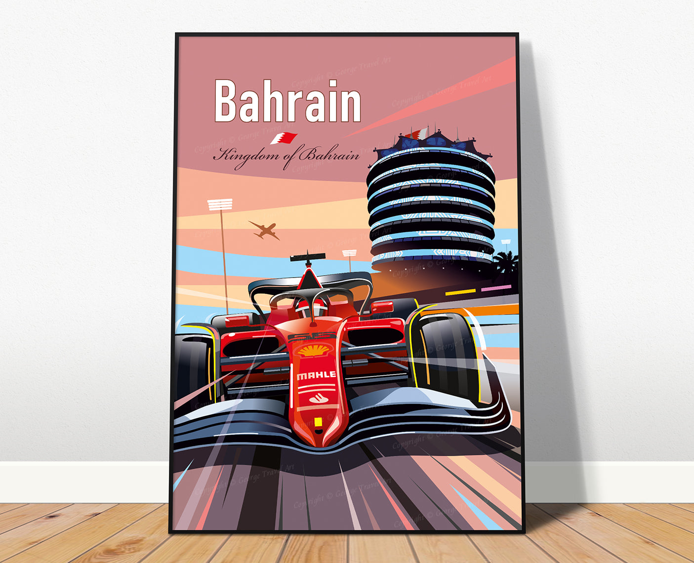 Bahrain F1 poster featuring Ferrari at Bahrain International Circuit ā wall art print