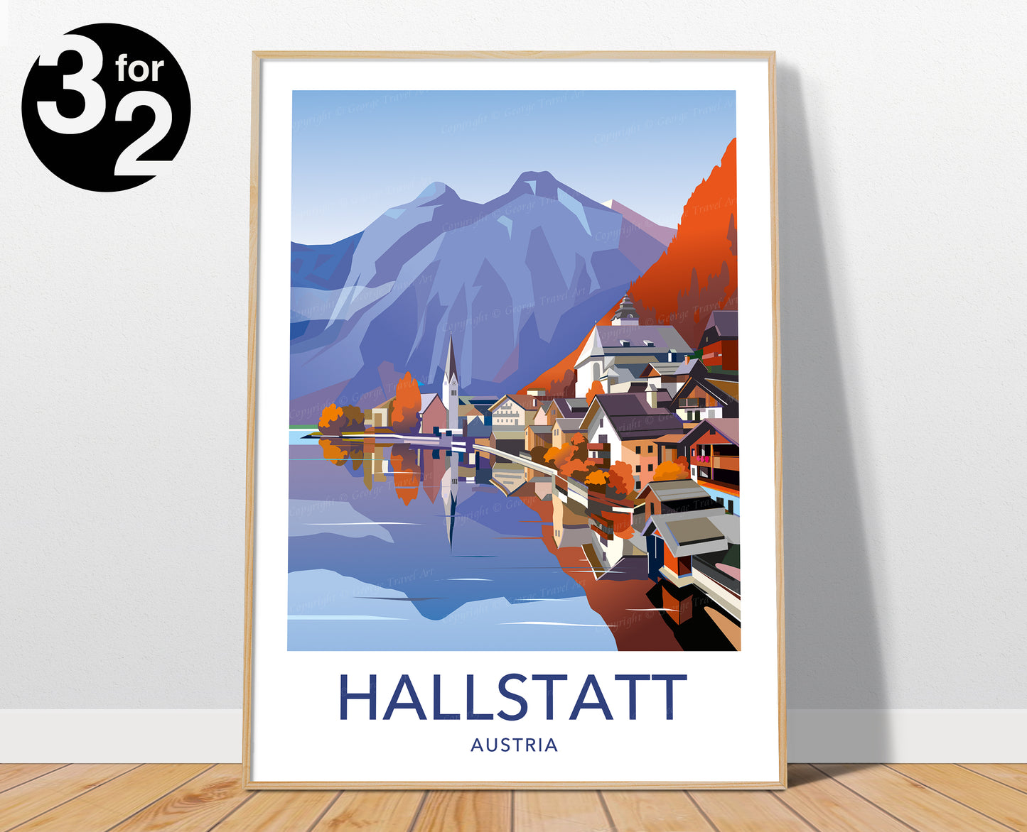 Hallstatt Austria autumn travel poster featuring the lakeside village β wall art print