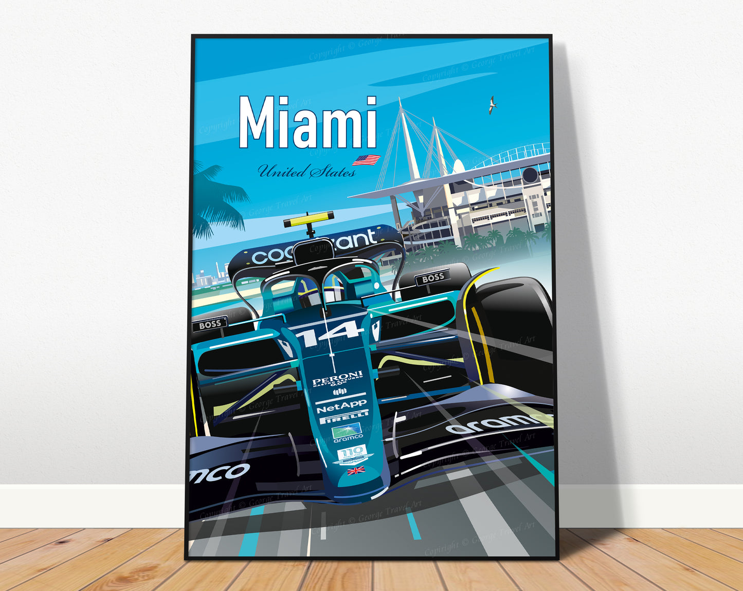Miami F1 artwork poster featuring Aston Martin Alonso at Miami Grand Prix