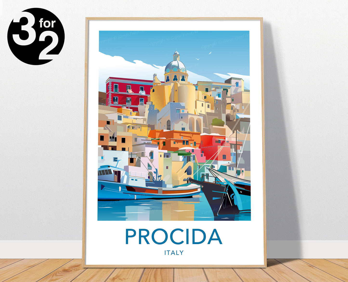 Procida Corricella Italy travel poster featuring the colourful harbour on the Bay of Naples ā wall art print