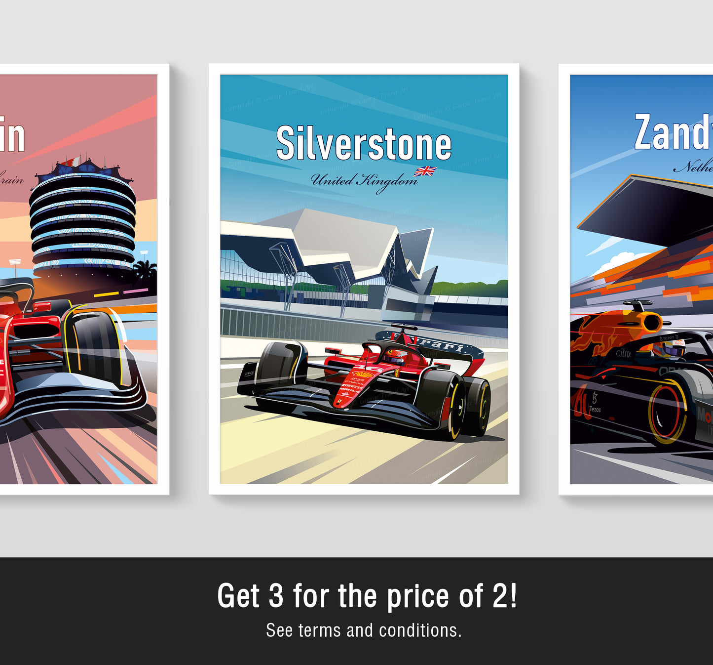 Silverstone Formula 1 Ferrari poster featuring Leclerc at British GP circuit