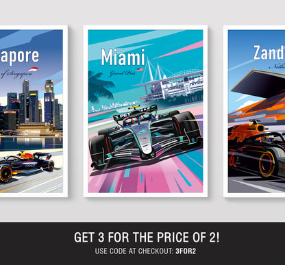 Three framed Formula 1 posters featuring Miami Grand Prix Mercedes designs
