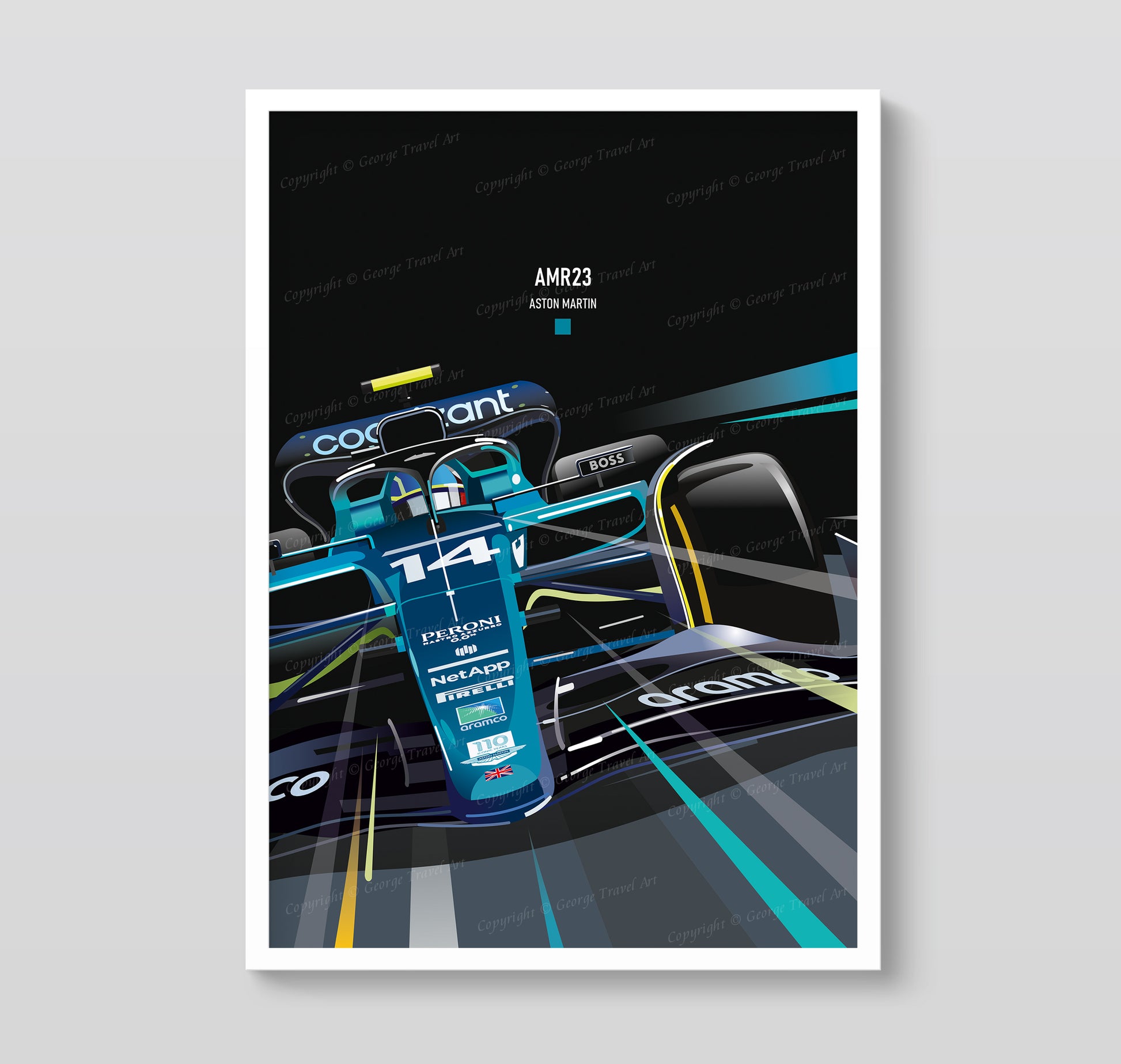 Aston Martin AMR23 Fernando Alonso race car poster – Formula 1 British Racing Green wall art