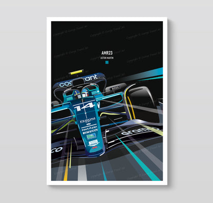 Aston Martin AMR23 Fernando Alonso race car poster – Formula 1 British Racing Green wall art