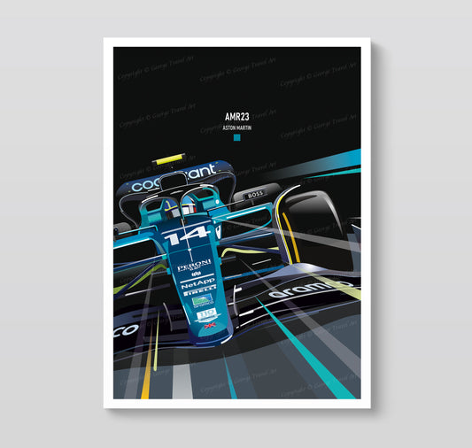 Aston Martin AMR23 Fernando Alonso race car poster – Formula 1 British Racing Green wall art
