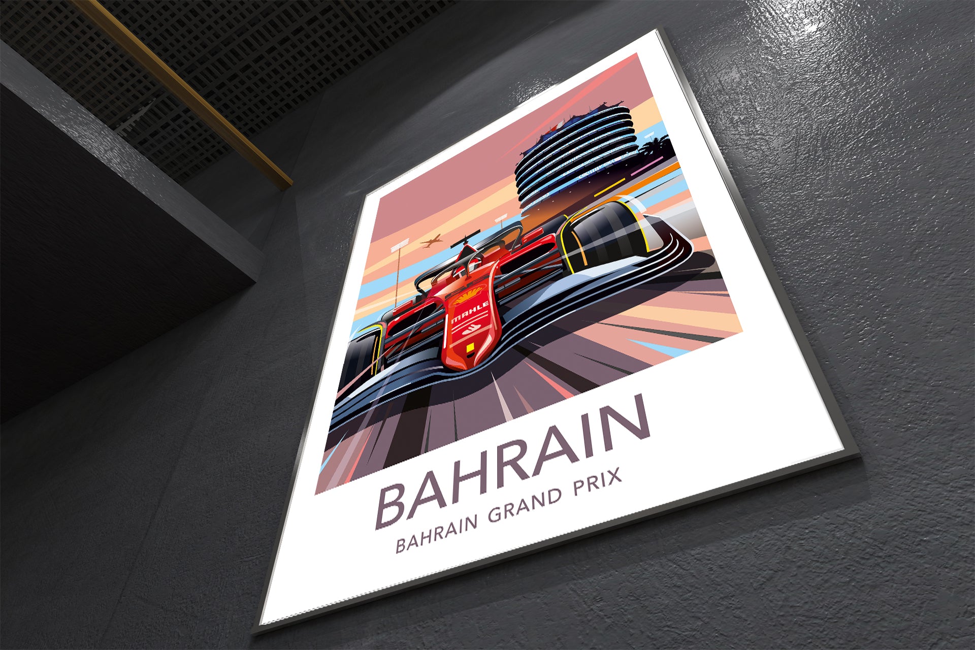 Bahrain F1 poster print featuring Ferrari at Bahrain International Circuit – wall art