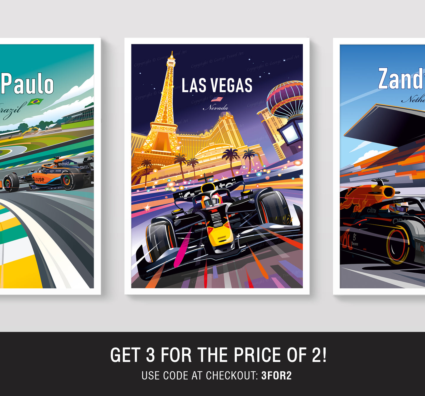 Three racing-themed posters featuring a race car, Las Vegas skyline, and another racing scene on a gray background.
