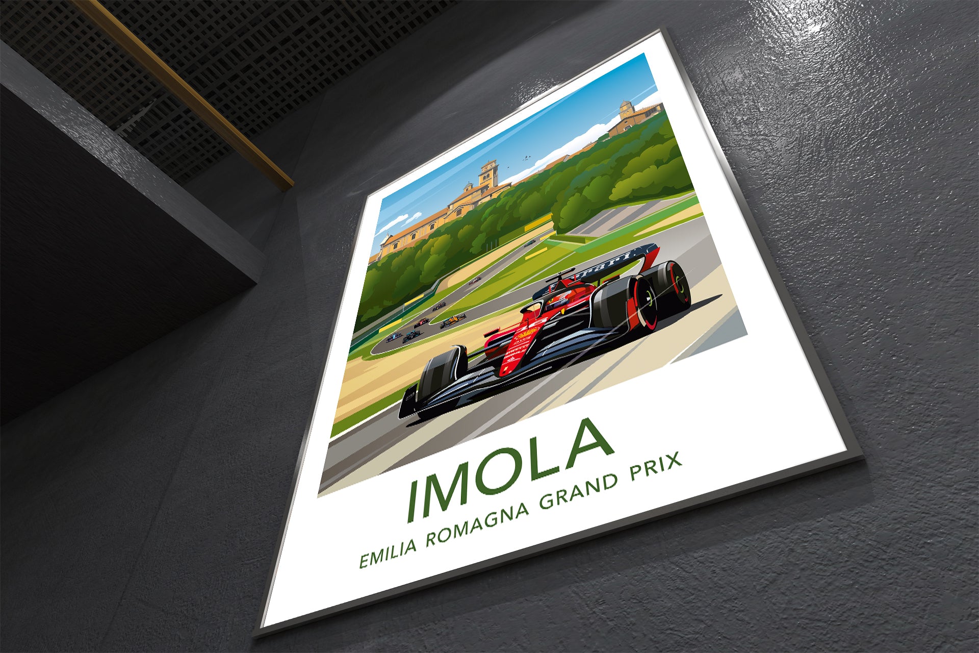 Imola Formula 1 poster featuring Charles Leclerc Ferrari at Emilia Romagna Grand Prix