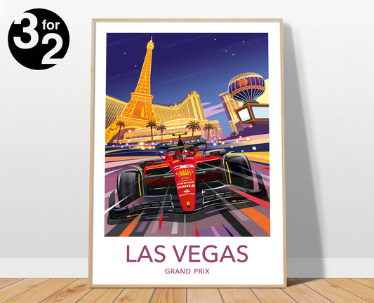 Las Vegas F1 Grand Prix poster showing a speeding red Ferrari racing car. In the background, you can see the iconic buildings of Vegas with the Ejfel tower in the evening lights.