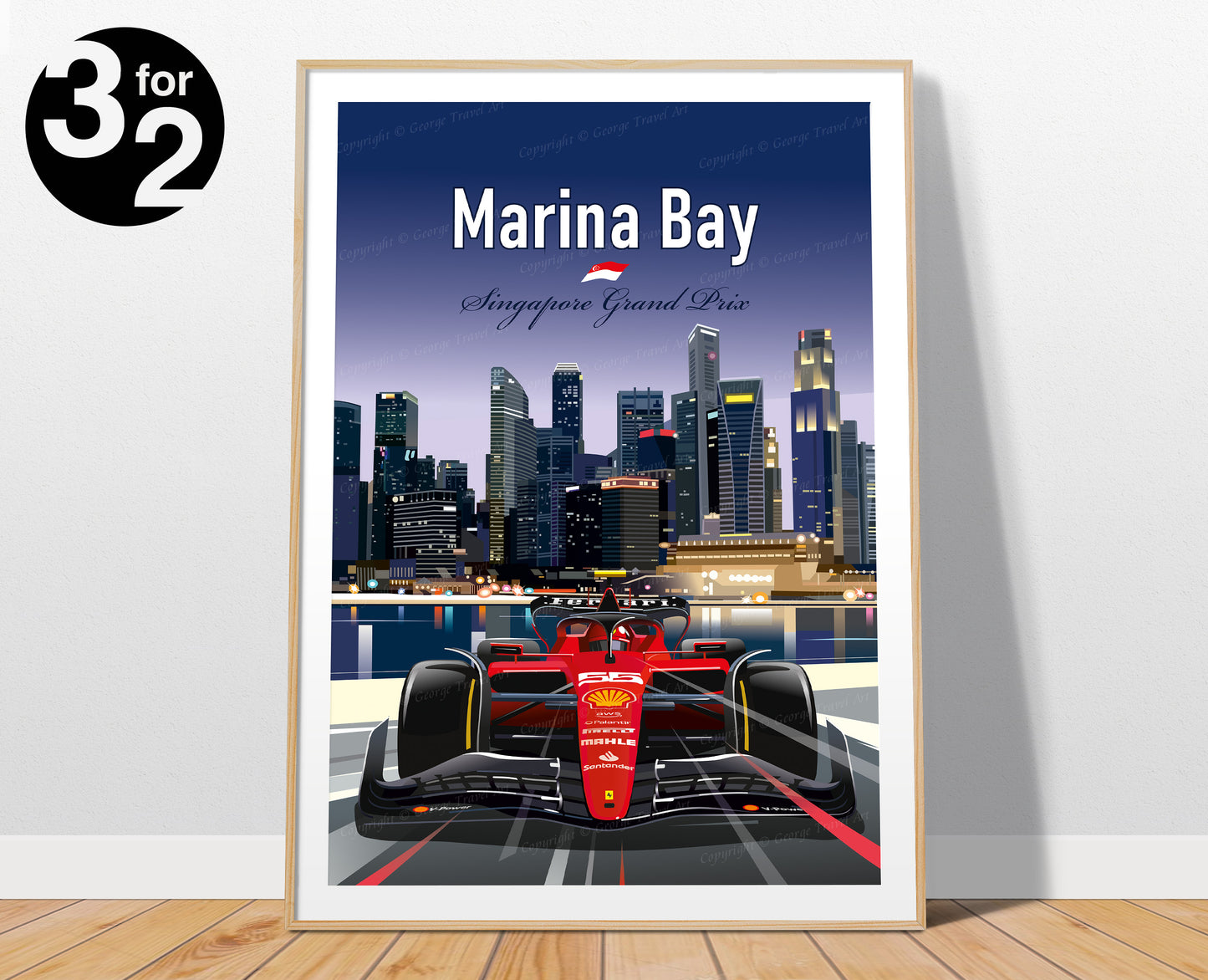 Marina Bay Ferrari F1 Poster / Carlos Sainz Winner / Singapore Grand Prix 2023 / Ferrari F1 Wall Art Print / F1 Gift