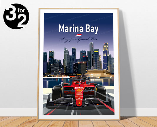 Marina Bay Ferrari F1 Poster / Carlos Sainz Winner / Singapore Grand Prix 2023 / Ferrari F1 Wall Art Print / F1 Gift