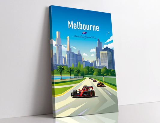 A Melbourne F1 canvas featuring the iconic Albert Park Grand Prix venue bathed in sunlight. A red Ferrari race car speeds around the track, with the city's skyscrapers providing a stunning backdrop. The sunny weather enhances the vibrant atmosphere of the scene, perfect for any motorsport enthusiast's collection