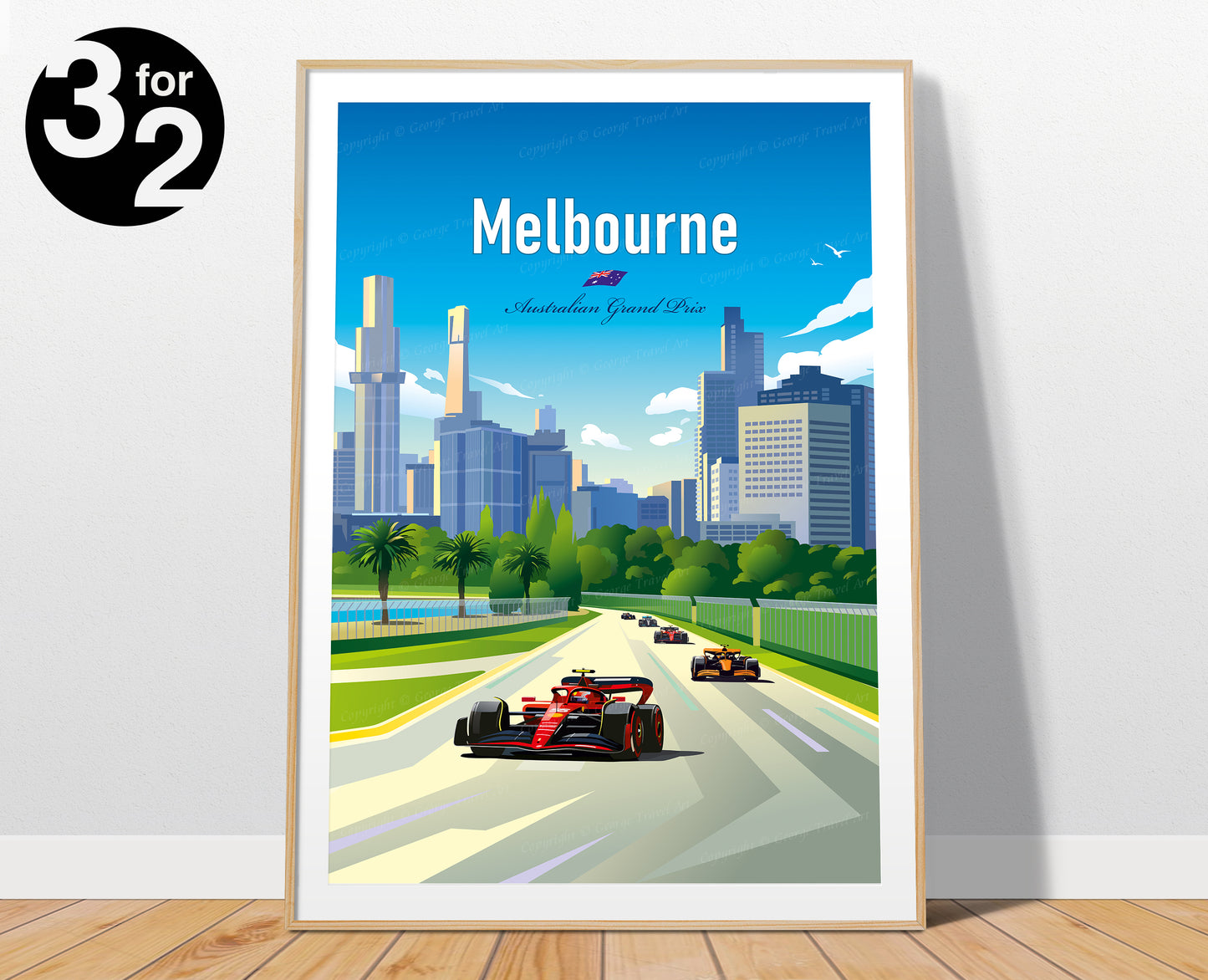Melbourne F1 Poster showing the iconic Albert Park Grand Prix venue with a red Ferrari race car. The skyscrapers of the city can be seen in the background.