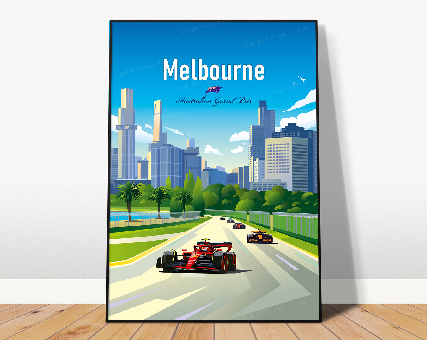 A vibrant Melbourne F1 Poster featuring the renowned Albert Park Grand Prix circuit, adorned with a sleek red Ferrari speeding through the track. In the backdrop, the city's impressive skyscrapers add to the dynamic atmosphere of the scene.
