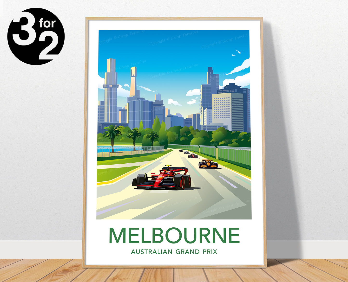 A picturesque Melbourne F1 Poster capturing the iconic Albert Park Grand Prix circuit bathed in sunlight. A striking red Ferrari dominates the track, set against the backdrop of the city's towering skyscrapers. The vibrant scene exudes the excitement of a sunny race day in Melbourne.