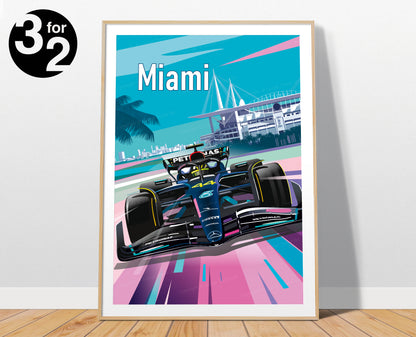 Miami F1 Poster / Lewis Hamilton Print / Mercedes-AMG F1 Wall Art / Formula-1 Miami Grand Prix / Miami Vice Style F1 Gift