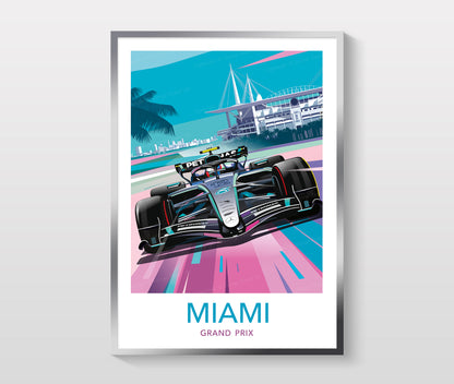 Framed poster of a Formula 1 car on a racetrack with 'Miami Grand Prix' text.