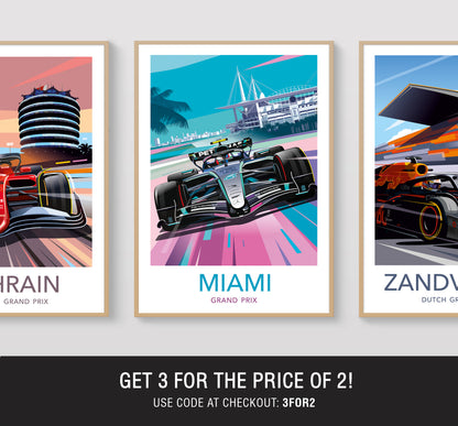 Three framed posters of race cars with locations 'Bahrain', 'Miami', and 'Zandvoort' on a white background.