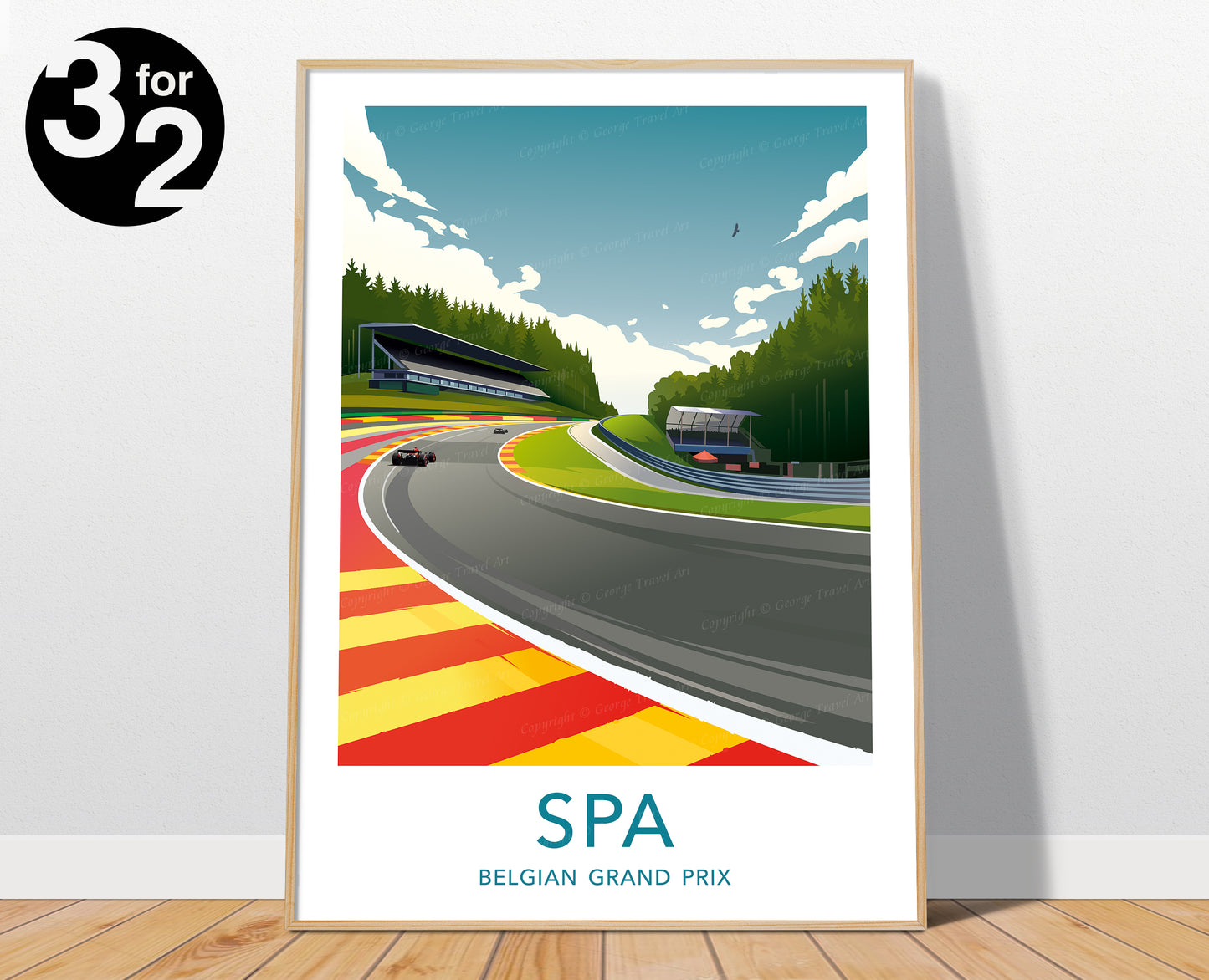 SPA F1 poster. The print shows the circuit of the Belgian Grand Prix, with the iconic Eau Rouge corner.