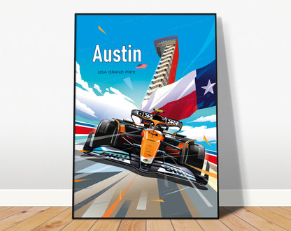 Austin F1 poster print featuring McLaren Formula 1 car in action at Circuit of the Americas motorsport illustration