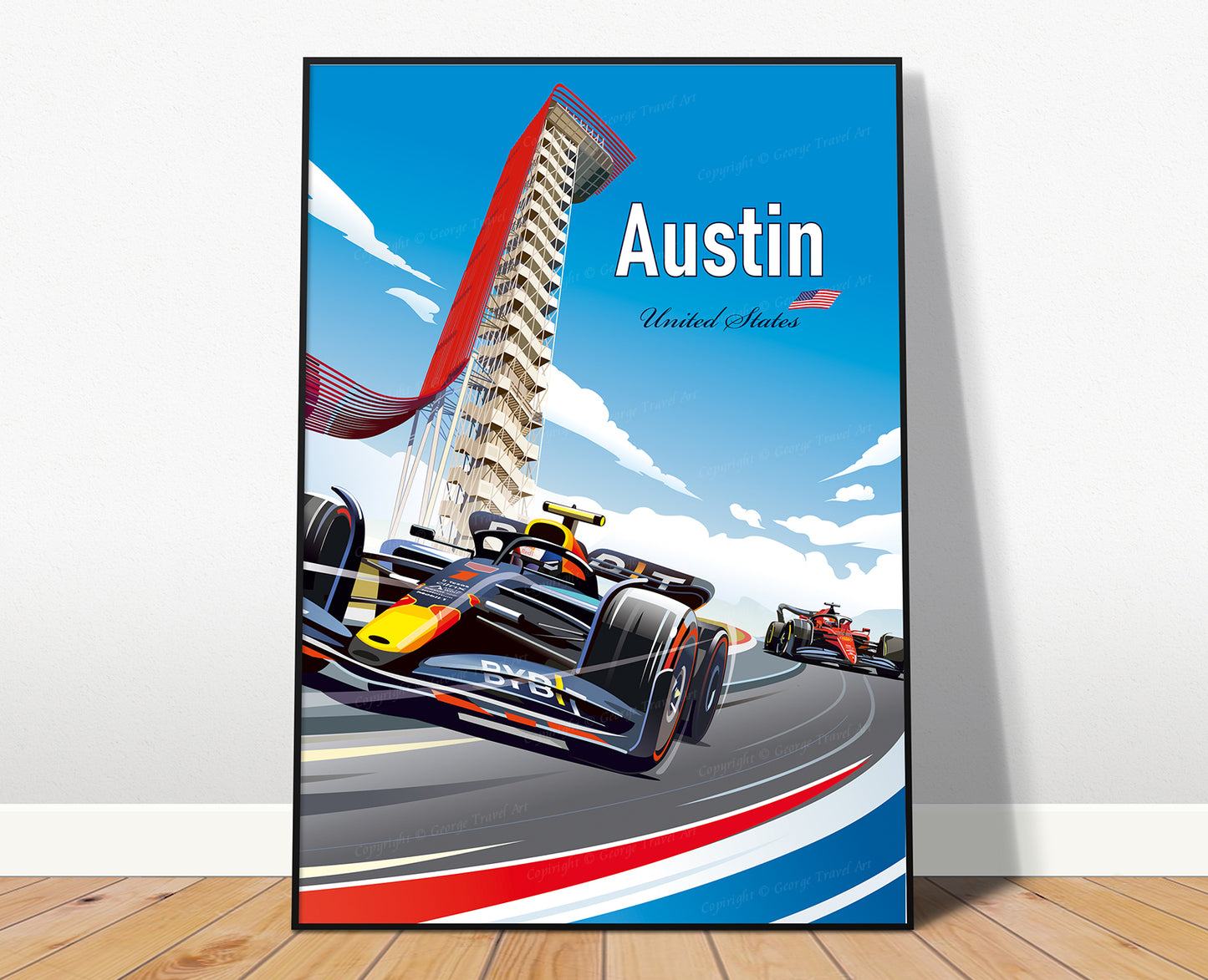 Austin F1 poster print featuring Formula 1 racing car at Circuit of the Americas during Austin Grand Prix – vibrant motorsport wall art