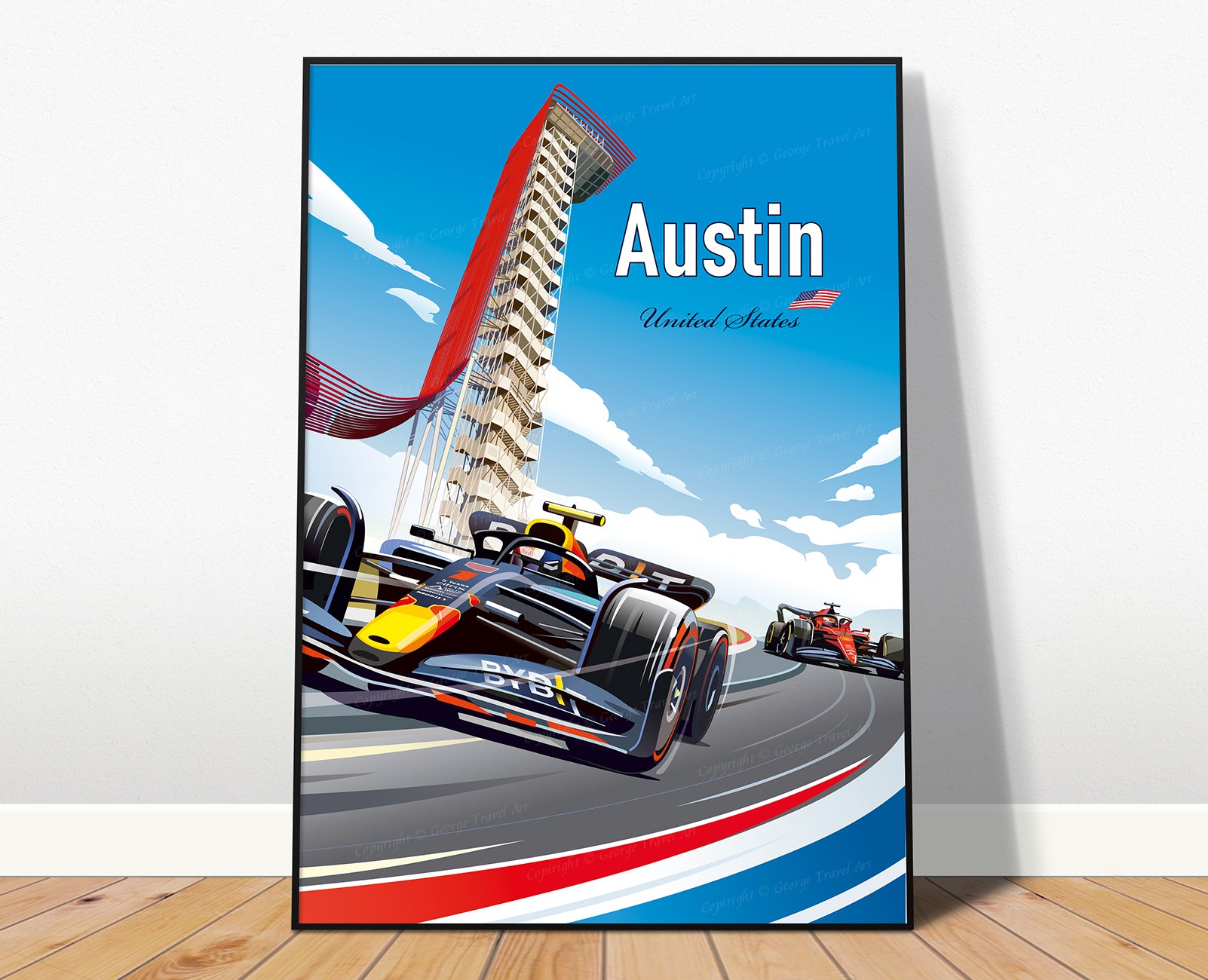 Austin F1 poster print featuring Formula 1 racing car at Circuit of the Americas during Austin Grand Prix – vibrant motorsport wall art