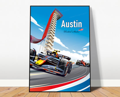 Austin F1 poster print featuring Formula 1 racing car at Circuit of the Americas during Austin Grand Prix – vibrant motorsport wall art