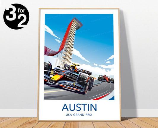 Austin F1 poster showing a Red Bull and Ferrari race car racing at the Circuit of the Americas. The Observation Tower can be seen in the background.