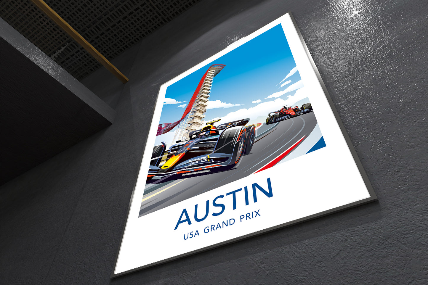 Austin F1 wall art poster featuring Formula 1 racing car at Circuit of the Americas during the Austin Grand Prix – vibrant motorsport decor on a dark surface.