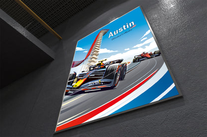 Austin Formula 1 poster featuring racing car at Circuit of the Americas during Austin Grand Prix – vibrant motorsport wall art print on a dark surface.