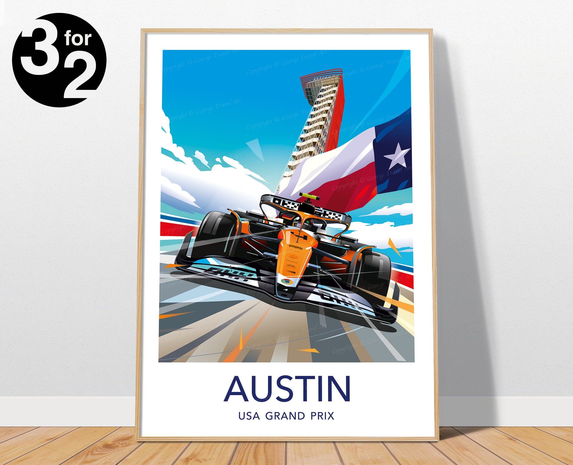 Austin GP Lando Norris F1 poster featuring orange McLaren car at Circuit of the Americas with Texas flag in vibrant travel poster illustration style