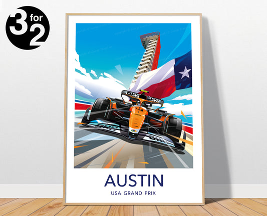 Austin GP Lando Norris F1 poster featuring orange McLaren car at Circuit of the Americas with Texas flag in vibrant travel poster illustration style