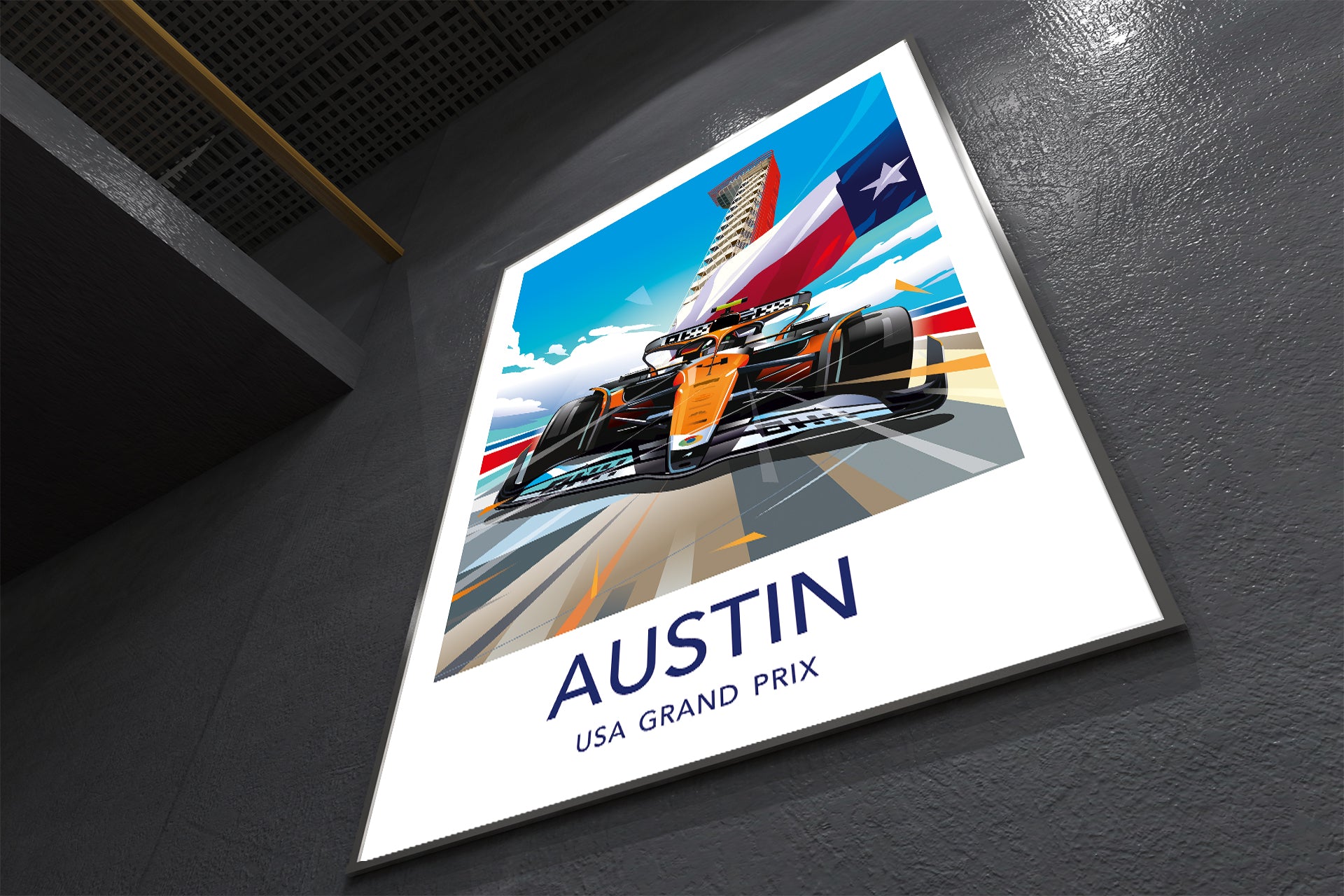 Austin GP Lando Norris F1 wall art displayed in modern interior featuring McLaren Formula 1 car at COTA