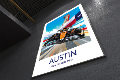 Austin GP Lando Norris F1 wall art displayed in modern interior featuring McLaren Formula 1 car at COTA
