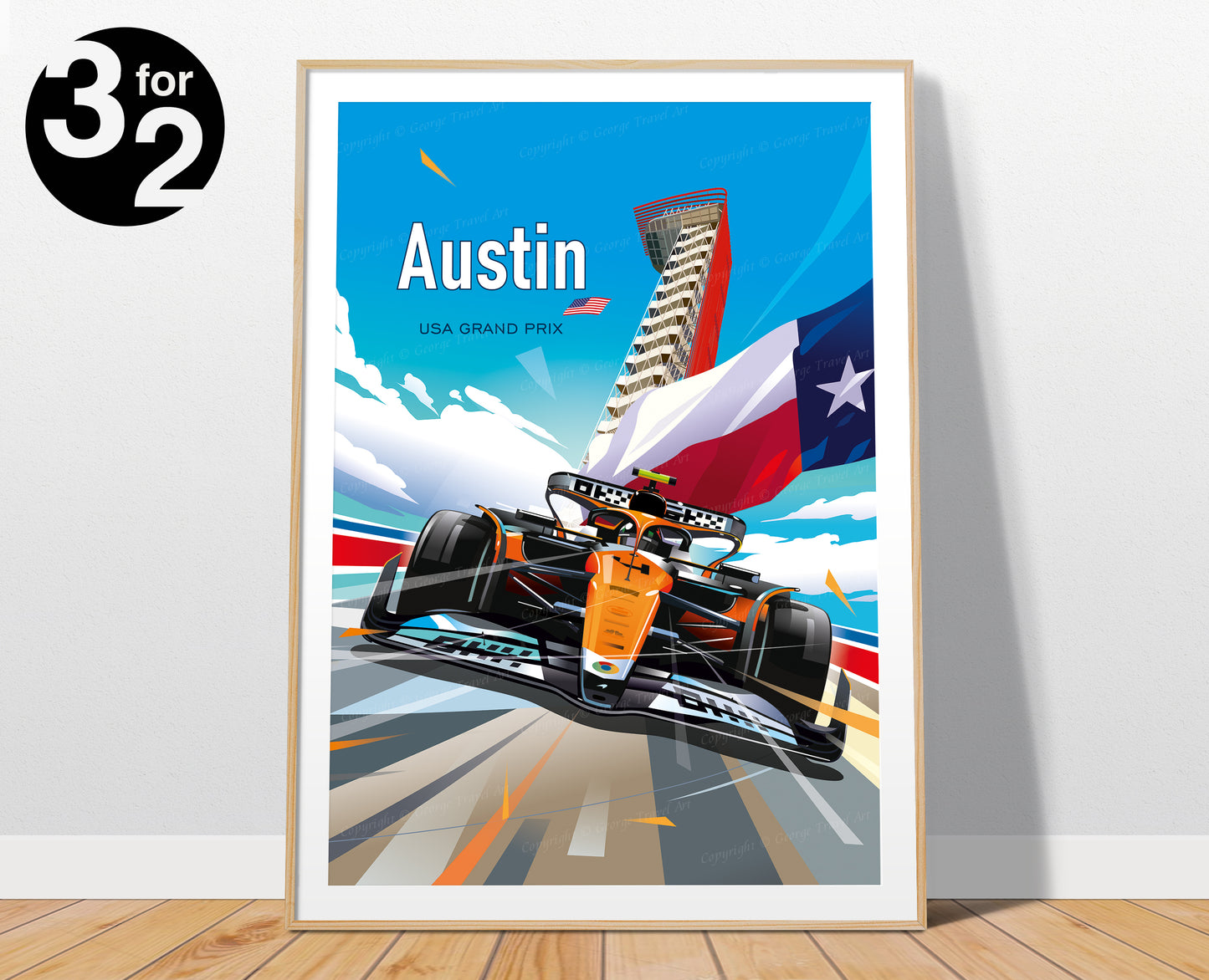 Austin GP Lando Norris F1 poster featuring McLaren car at Circuit of the Americas – vibrant motorsport wall art print