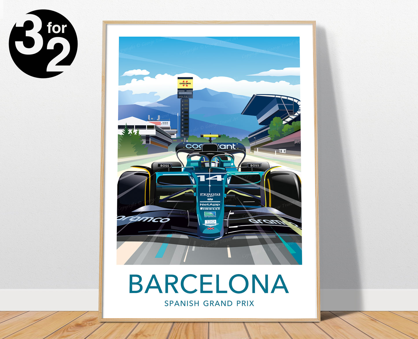Barcelona F1 Spanish Grand Prix poster showing an Aston Martin race car on the track. The Catalan mountains are visible in the background of the print.