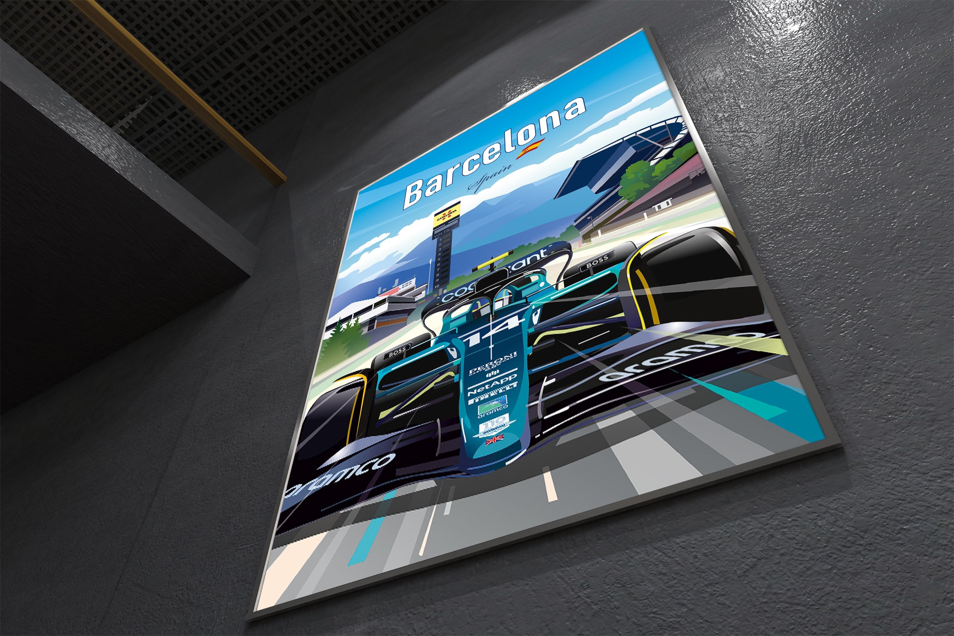 Barcelona Spanish Grand Prix F1 poster featuring Fernando Alonso Aston Martin