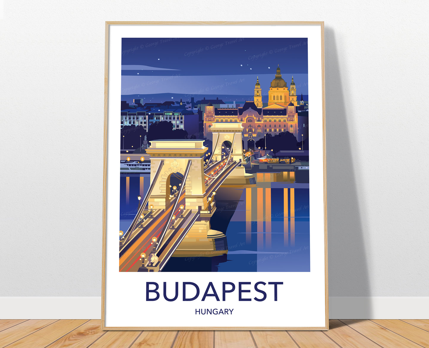 Budapest travel poster print – Hungary night skyline wall art