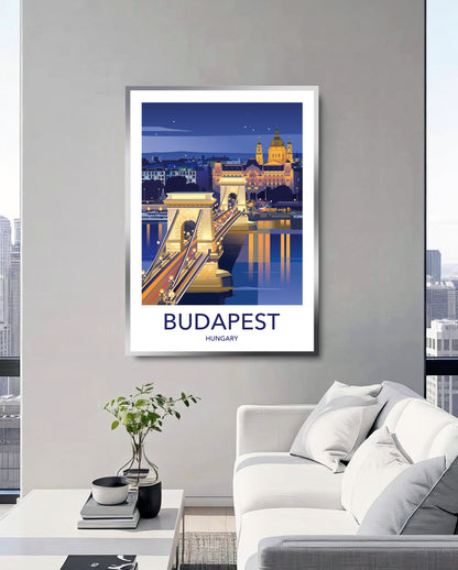 Budapest Hungary travel poster – bridge night skyline wall art