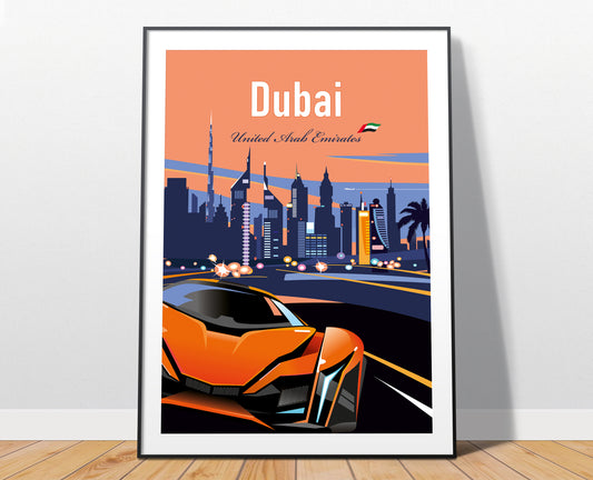 Dubai travel poster print – sports car UAE wall art