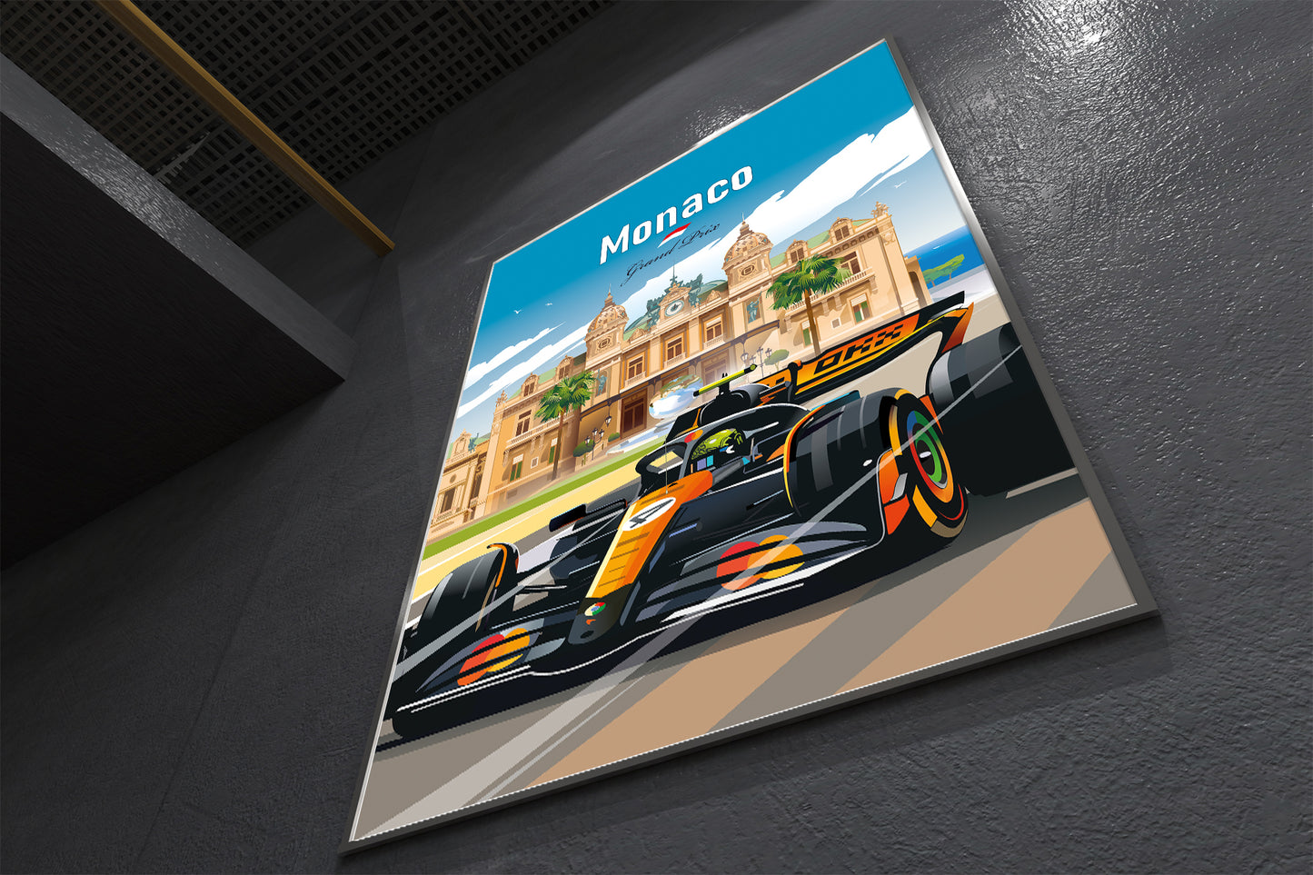 Poster of a racing car on a track with Monaco text and building illustration.