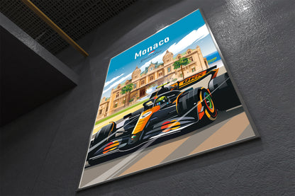 Poster of a racing car on a track with Monaco text and building illustration.