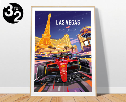 Ferrari F1 poster featuring Ferrari racing car at Las Vegas Grand Prix – vibrant motorsport wall art print