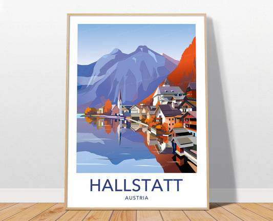 Hallstatt autumn travel poster print – Austria lake wall art