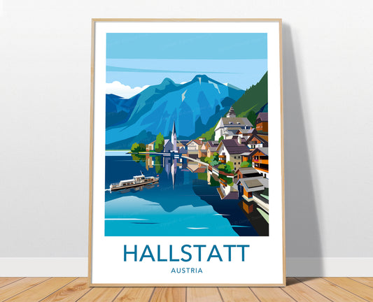 Hallstatt travel poster print – Austria alpine lake village wall art