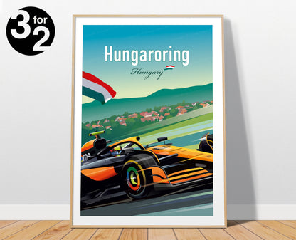 Hungaroring F1 poster featuring Oscar Piastri McLaren racing car at Hungarian Grand Prix – dynamic motorsport wall art