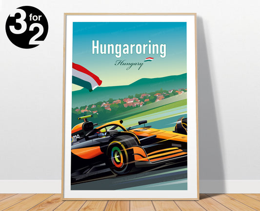 Hungaroring F1 poster featuring Oscar Piastri McLaren racing car at Hungarian Grand Prix – dynamic motorsport wall art