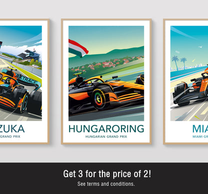 Hungaroring F1 print poster featuring Oscar Piastri McLaren racing car at Hungarian Grand Prix – dynamic motorsport wall art