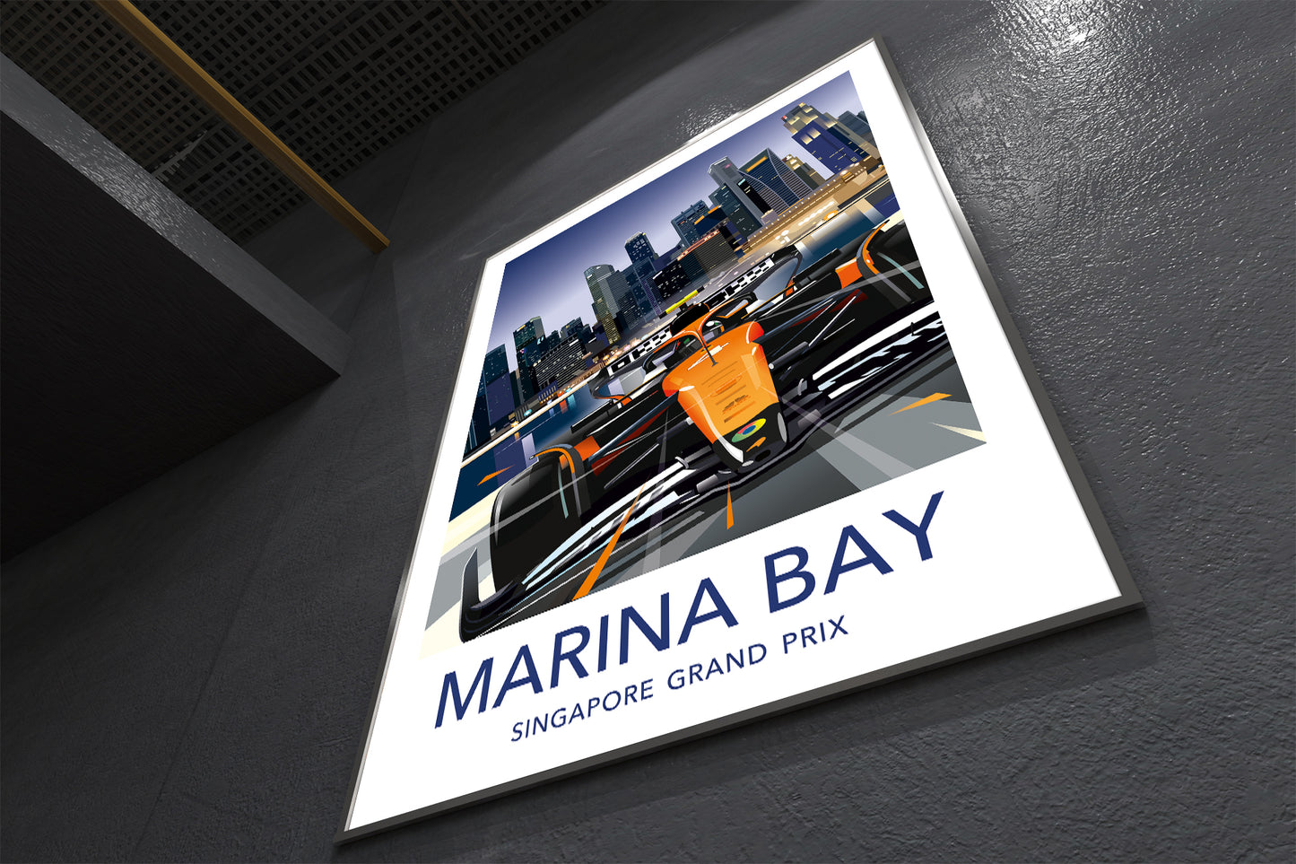 Lando Norris Marina Bay Singapore F1 poster featuring McLaren car at night on the Marina Bay Circuit – vibrant Formula 1 wall art print